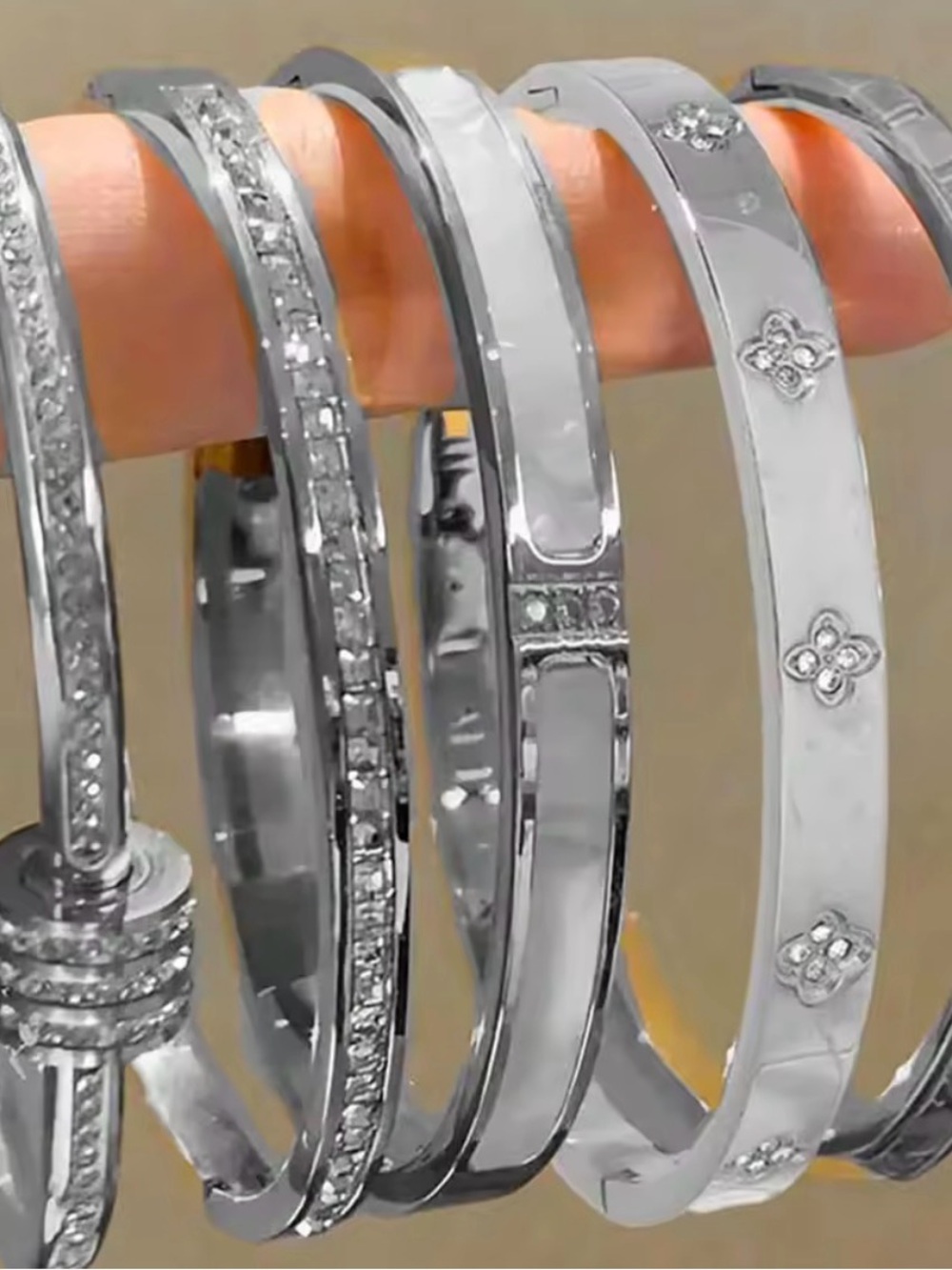 3pcs Sterling Silver Crystal Accent Bangle Bracelet - Silver waterproof